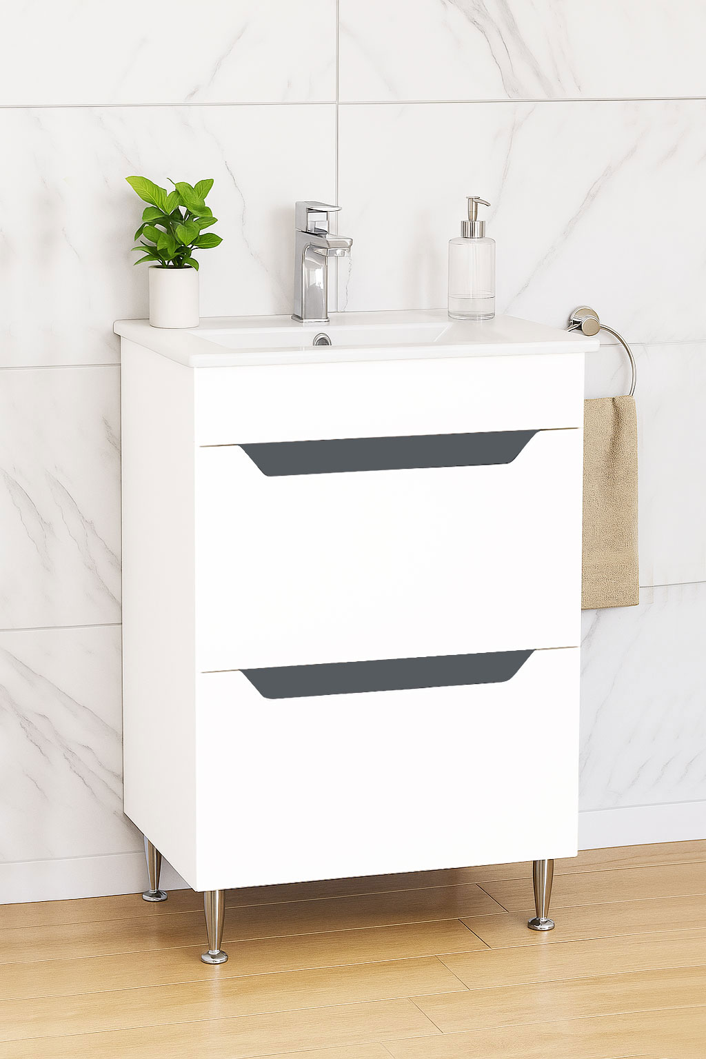 Mobilier Baie MDF Kit și lavoar, Seria 056, Sertare, 50cm, Alb/Antracit