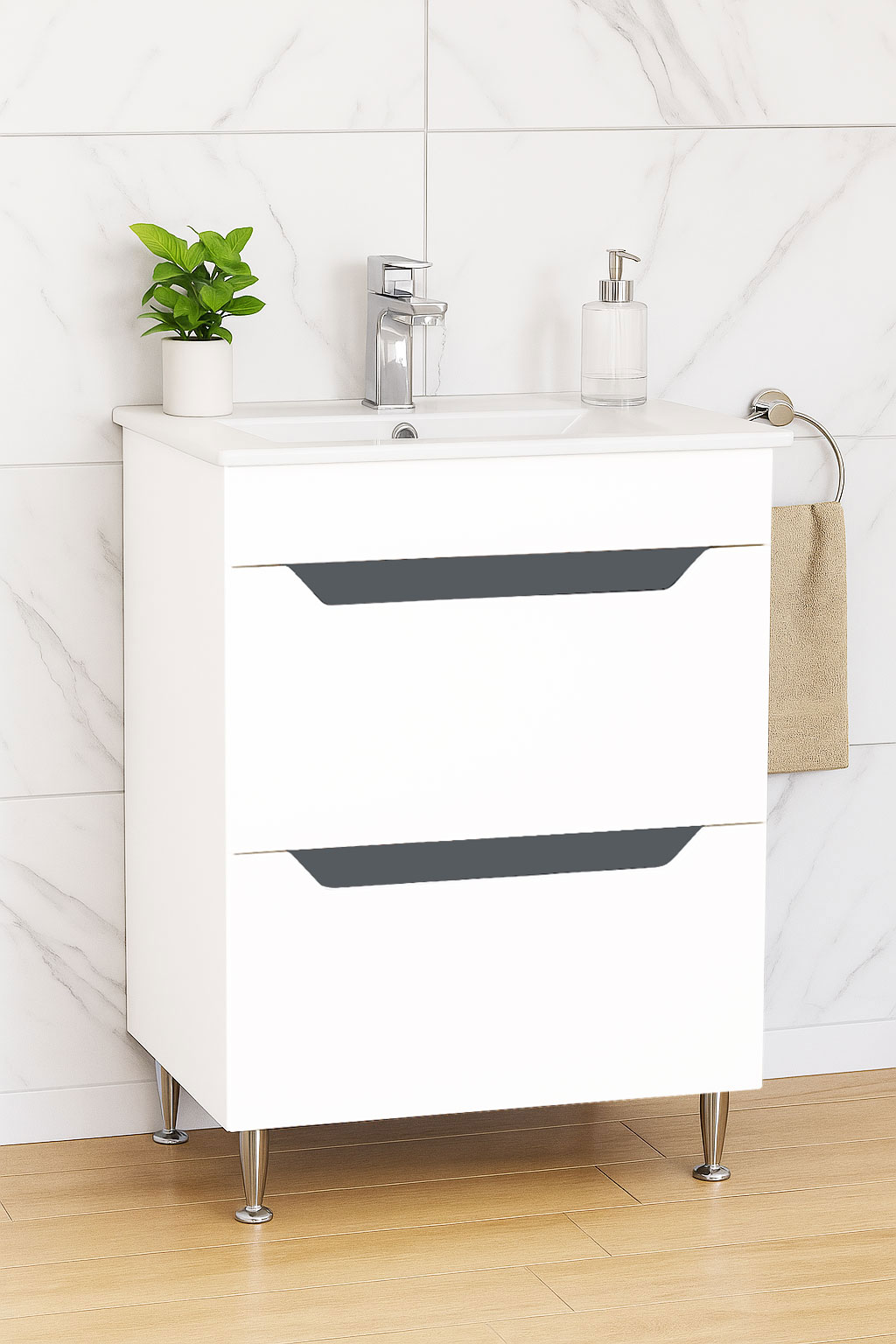 Mobilier Baie MDF Kit și lavoar, Seria 056, Sertare, 60cm, Alb/Antracit