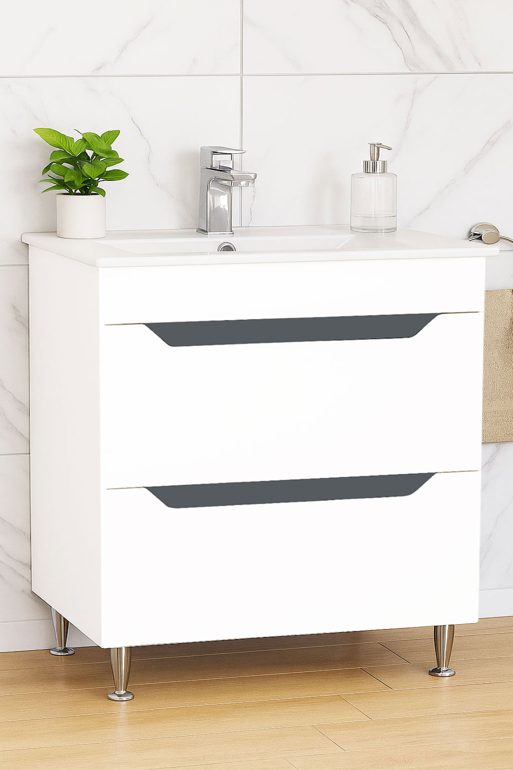 Mobilier Baie MDF Kit și lavoar, Seria 056, Sertare, 80cm, Alb/Antracit