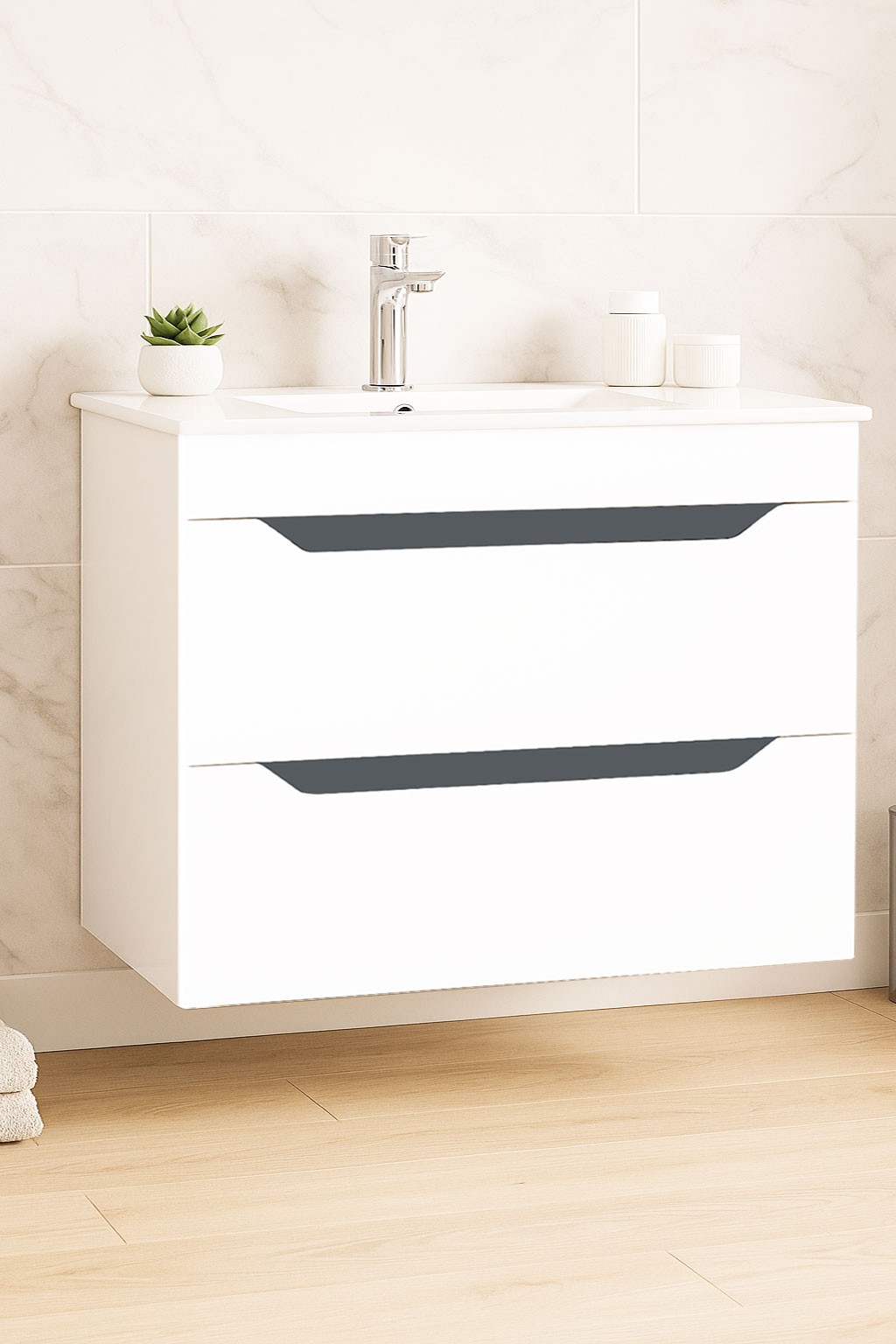 Mobilier Baie MDF și lavoar, Seria 056, Suspendat, Sertare, 80cm, Alb/Antracit