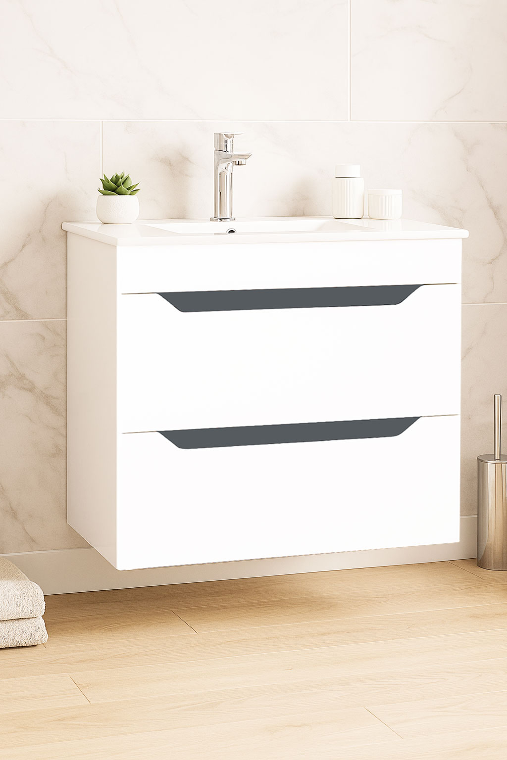 Mobilier Baie MDF Kit și lavoar, Seria 056, Suspendat, Sertare, 70cm, Alb/Antracit