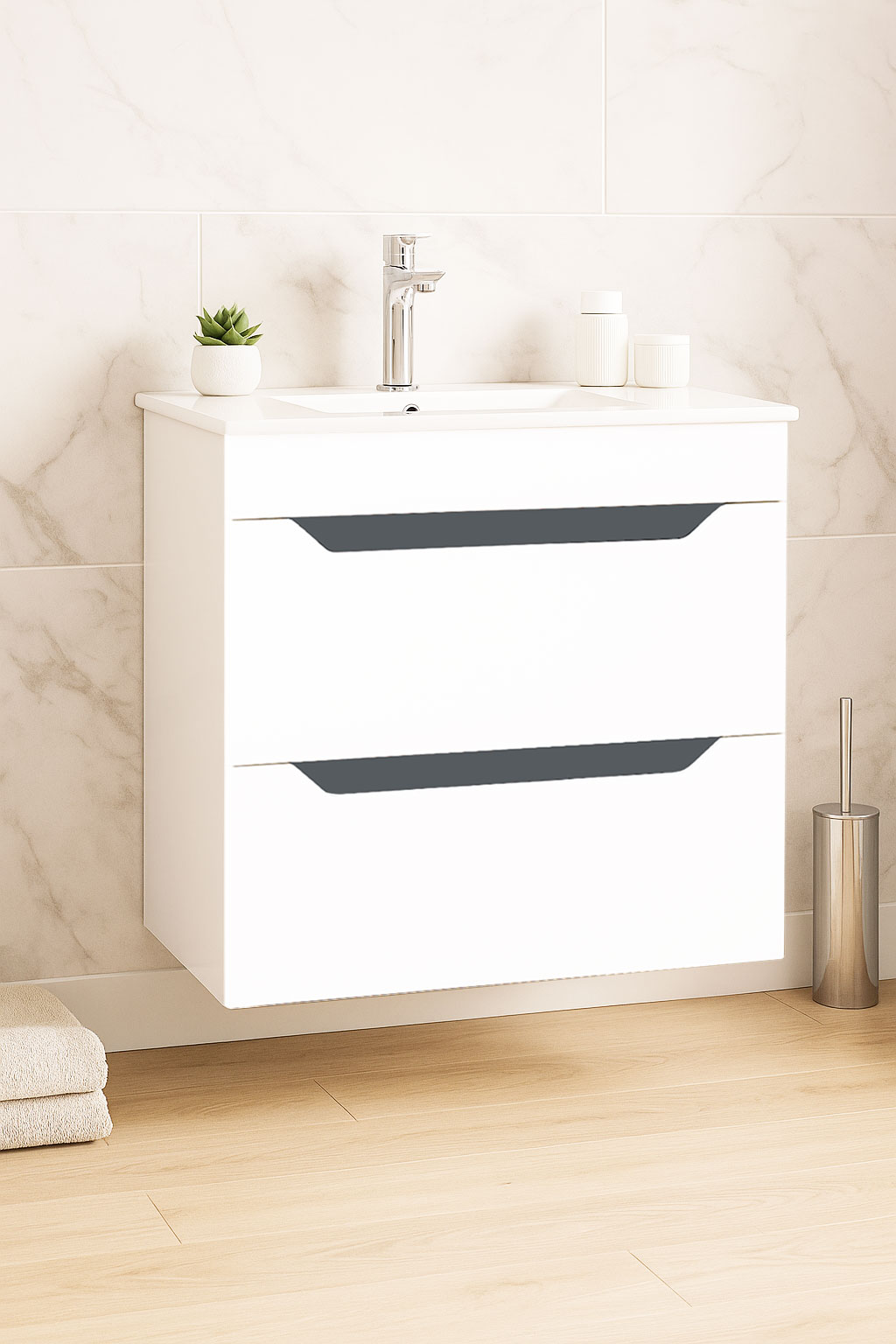 Mobilier Baie MDF Kit și lavoar, Seria 056, Suspendat, Sertare, 60cm, Alb/Antracit