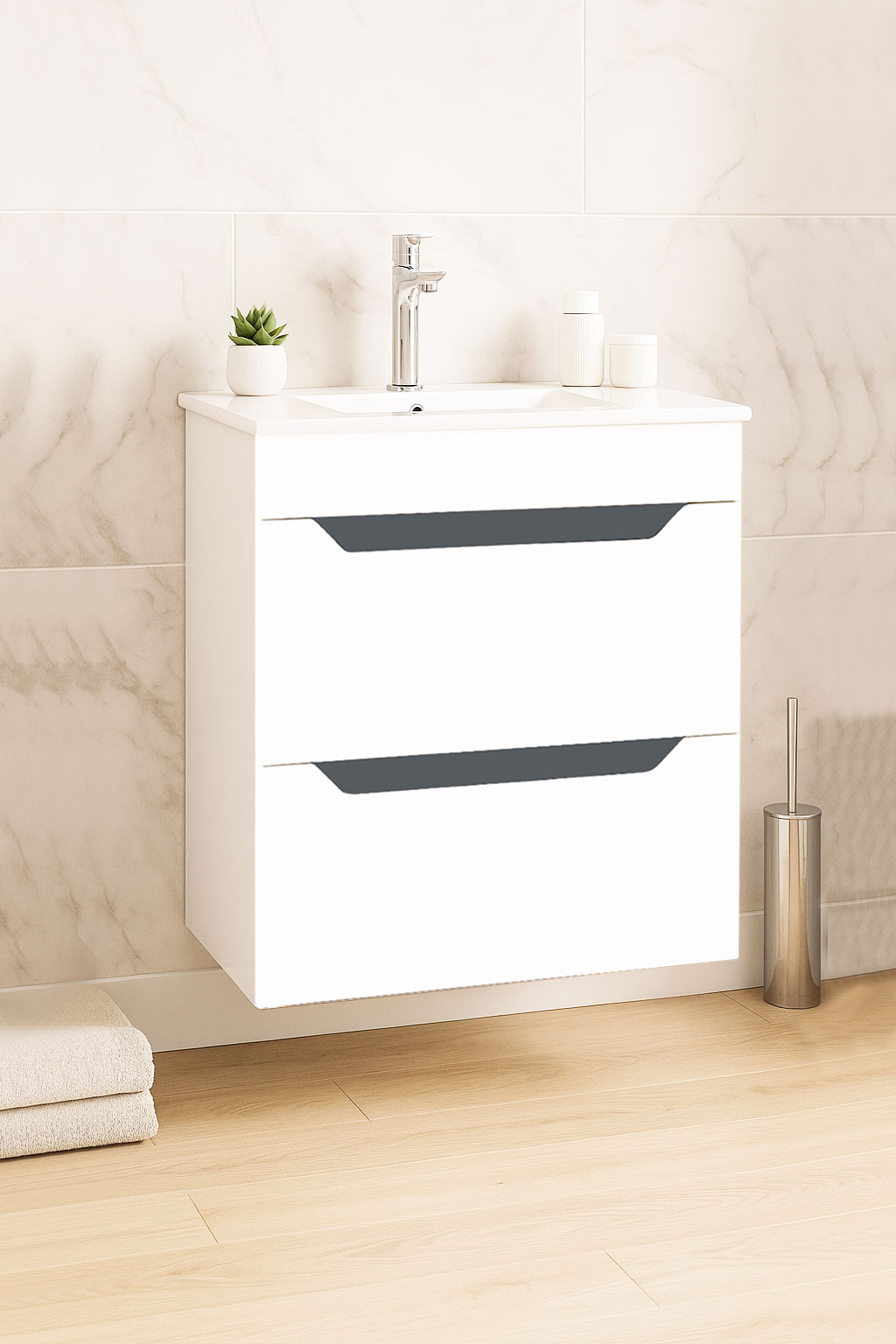Mobilier Baie MDF Kit și lavoar, Seria 056, Suspendat, Sertare, 50cm, Alb/Antracit