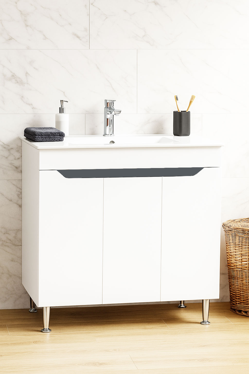 Mobilier Baie MDF și lavoar, Seria 056, 80cm, Alb/Antracit