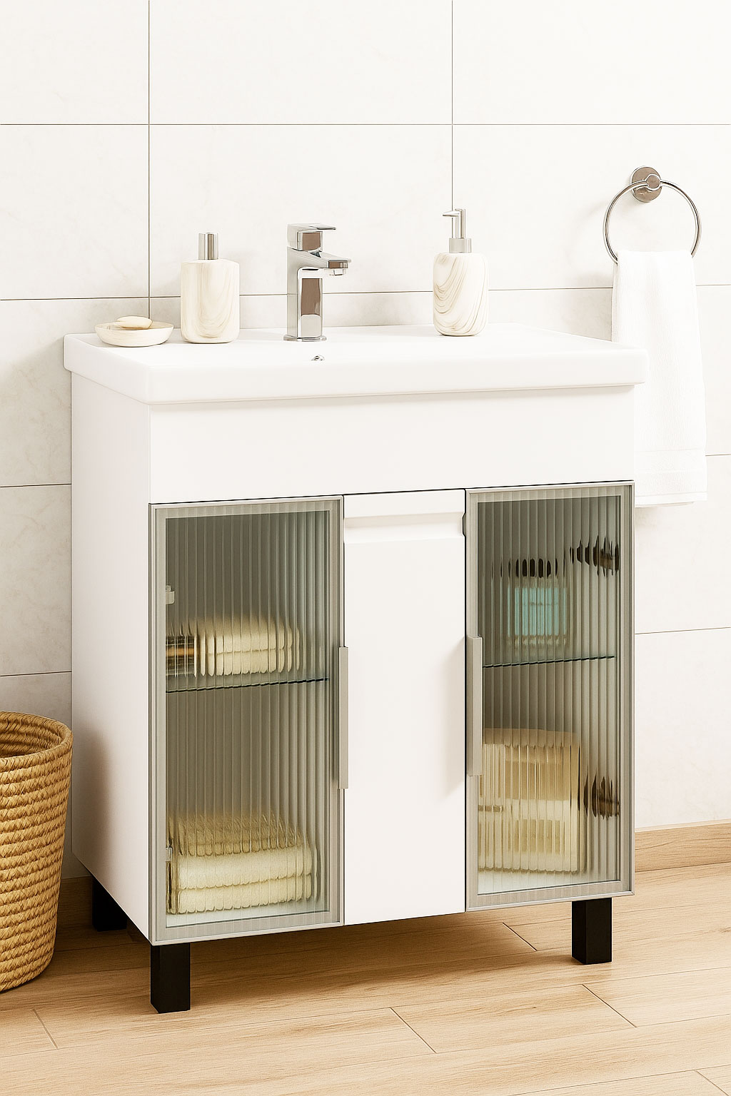 Mobilier Baie MDF și lavoar, Seria 758, 70cm, Alb