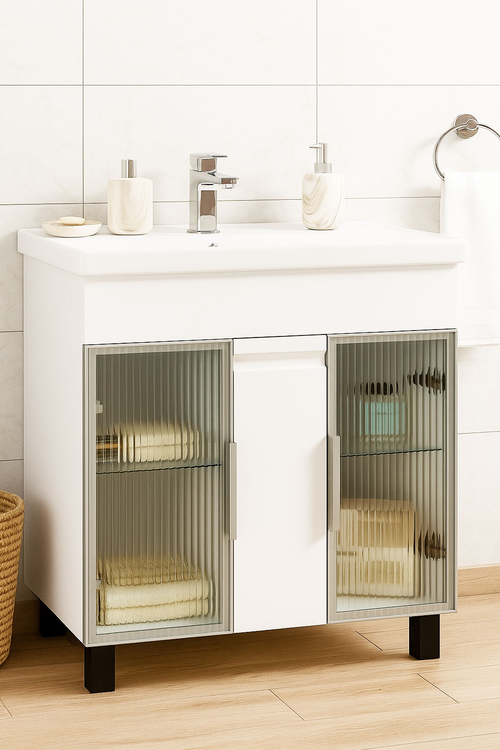 Mobilier Baie MDF și lavoar, Seria 758, 80cm, Alb