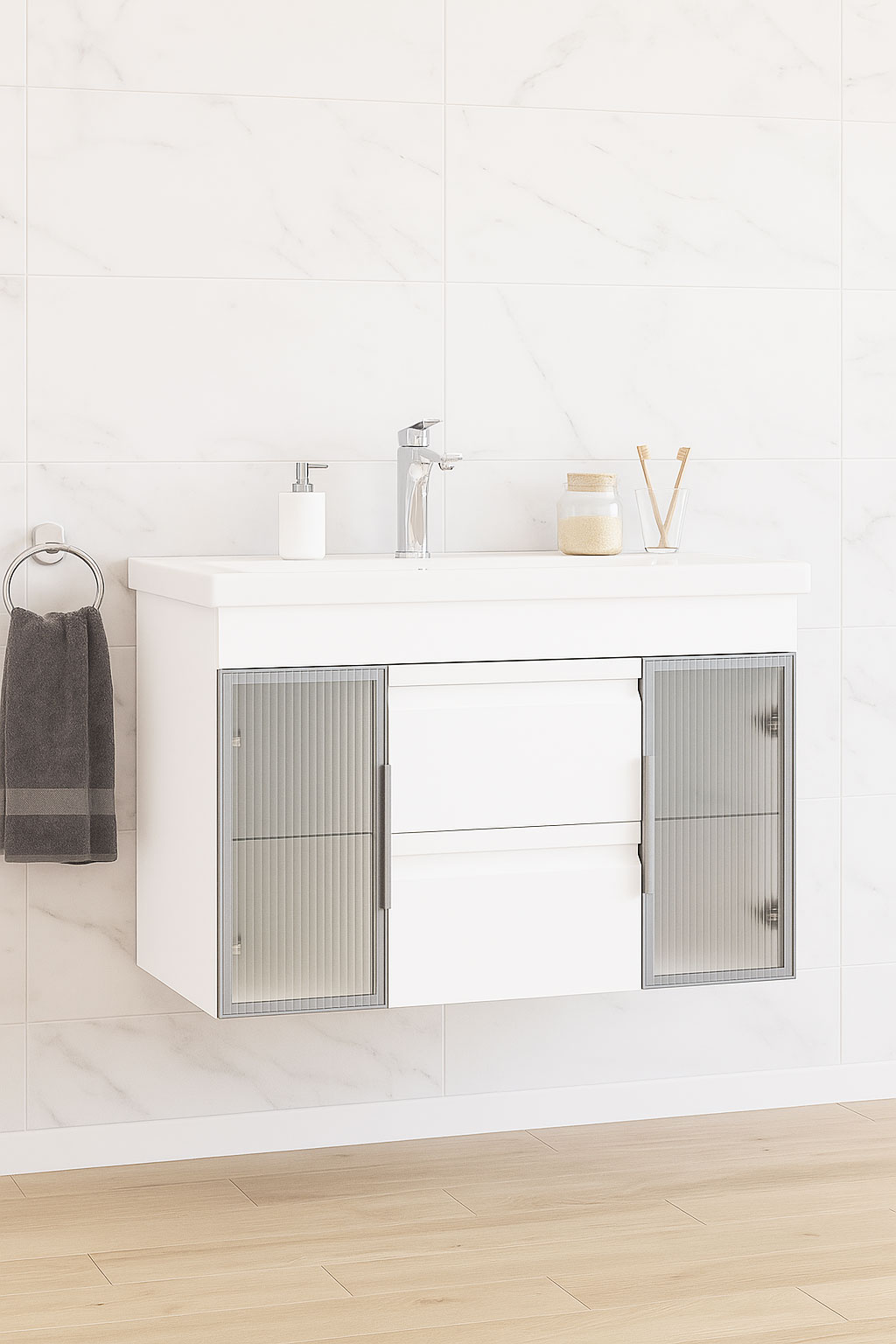 Mobilier Baie MDF și lavoar, Seria 758, 100cm, Alb