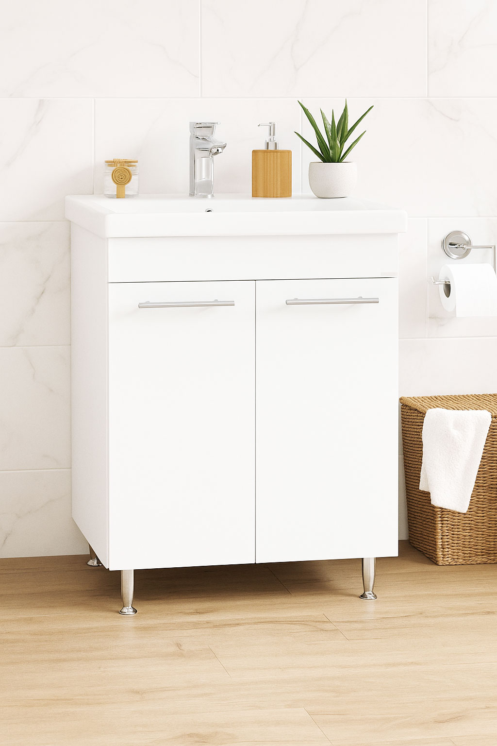 Mobilier Baie MDF și lavoar, Seria 754, 65cm, Alb