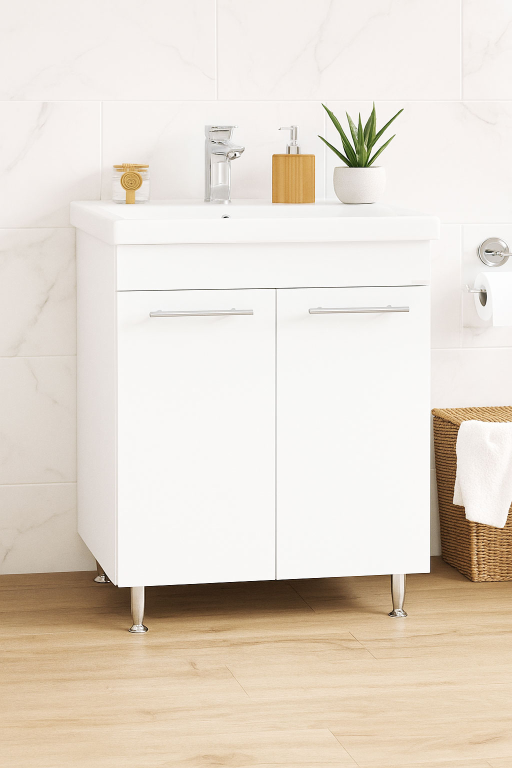 Mobilier Baie MDF și lavoar, Seria 754, 70cm, Alb