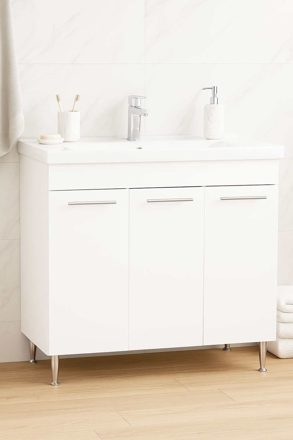 Mobilier Baie MDF Kit și lavoar, Seria 754, 80cm, Alb