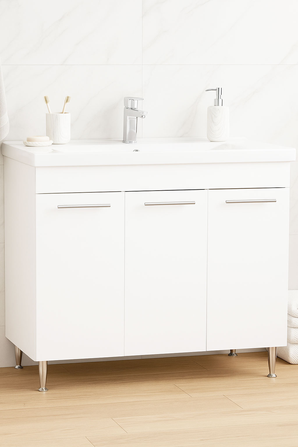 Mobilier Baie MDF și lavoar, Seria 754, 100cm, Alb