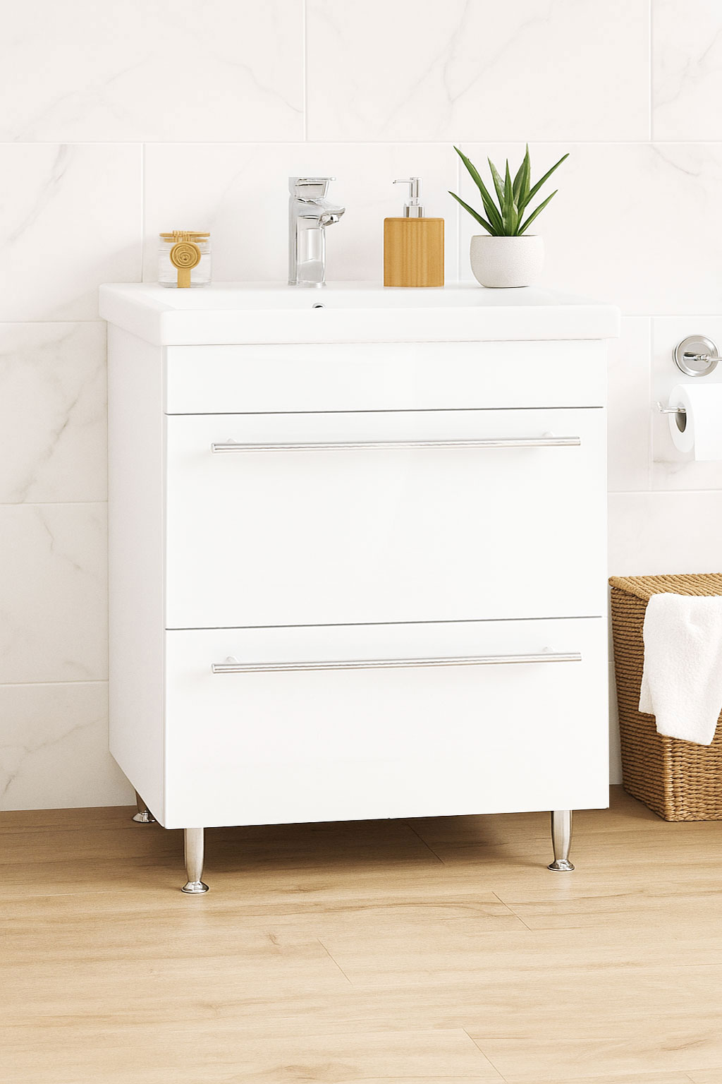 Mobilier Baie MDF și lavoar, Seria 754, Sertare, 70cm, Alb