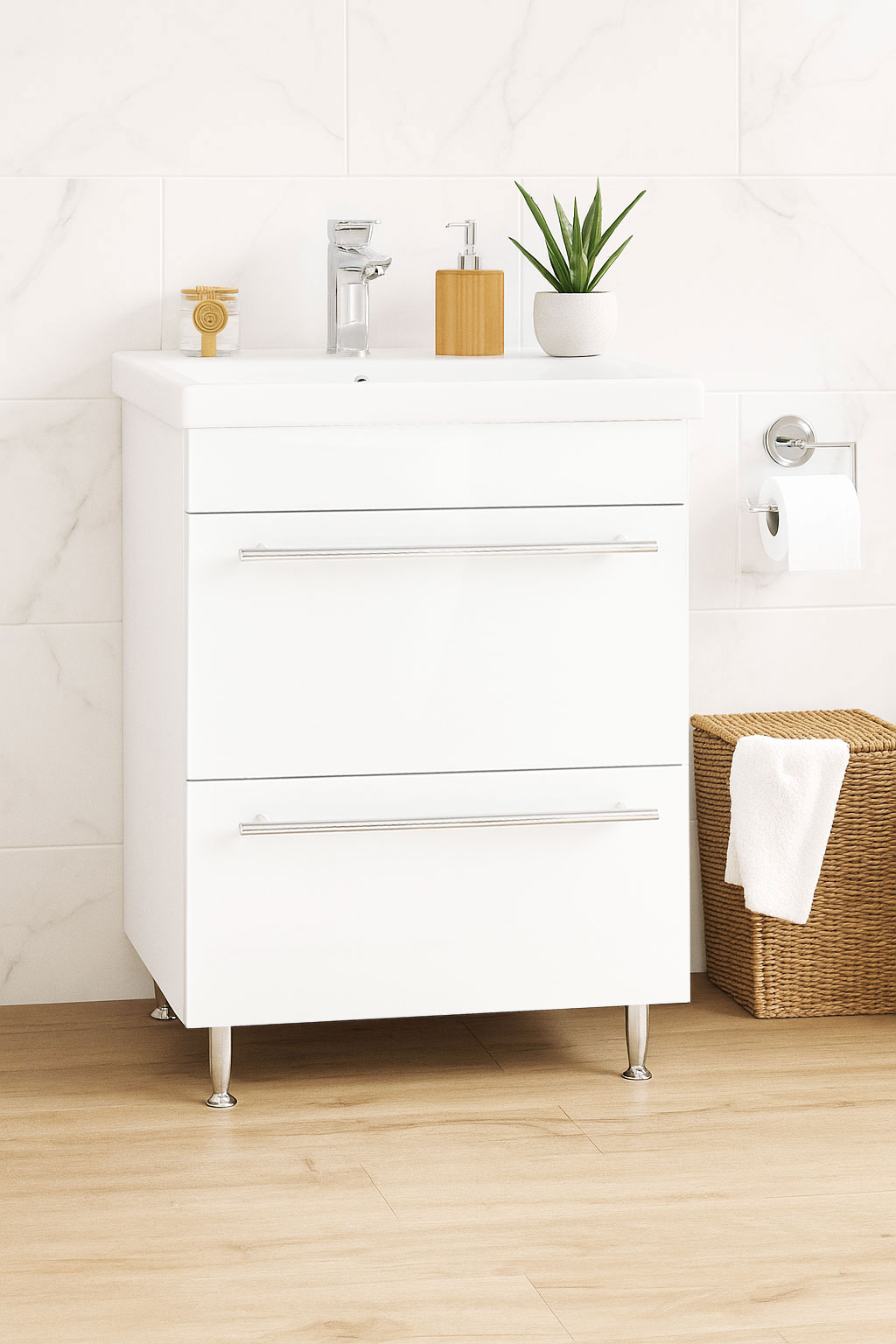 Mobilier Baie MDF Kit și lavoar, Seria 754, Sertare, 60cm, Alb