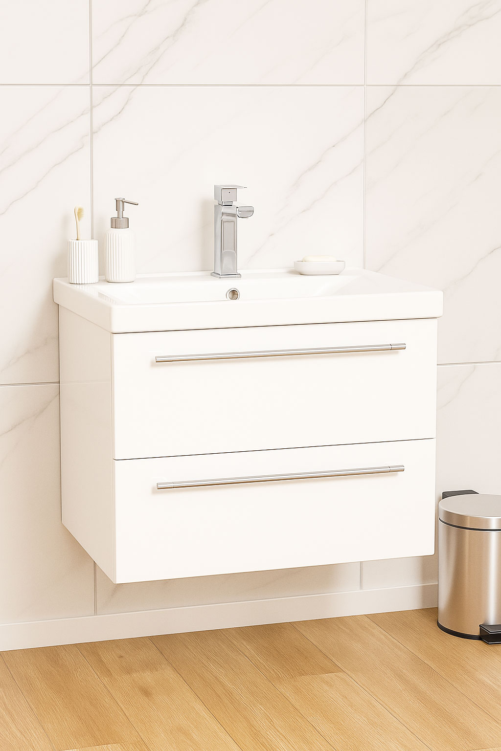 Mobilier Baie MDF și lavoar, Seria 754, Suspendat, Sertare, 60cm, Alb
