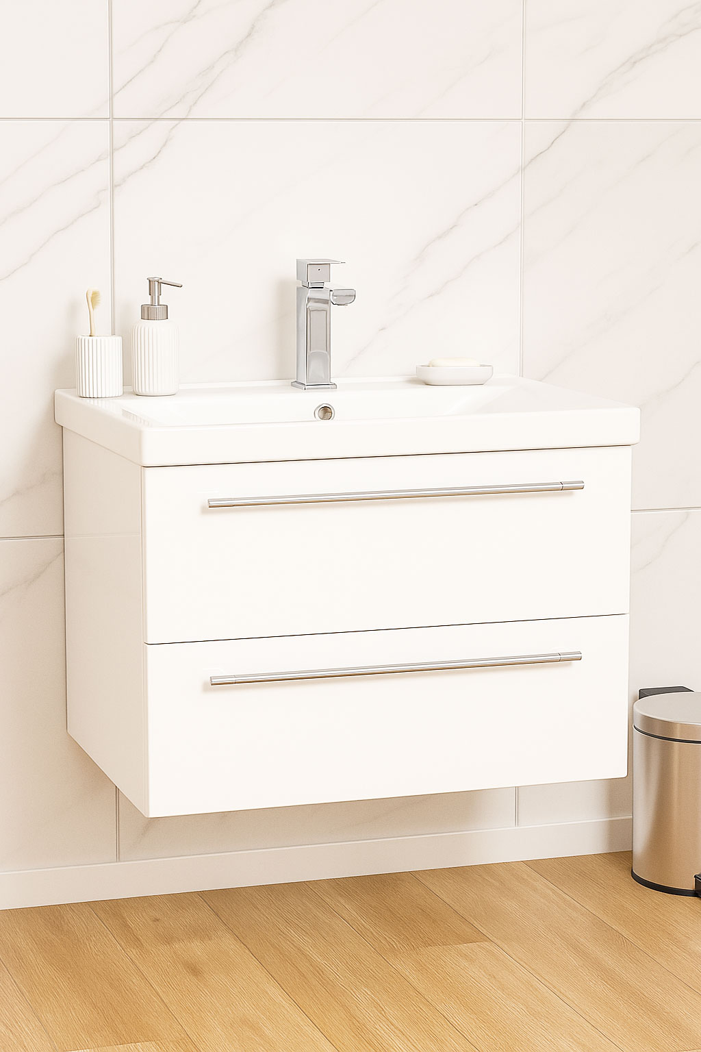 Mobilier Baie MDF și lavoar, Seria 754, Suspendat, Sertare, 70cm, Alb