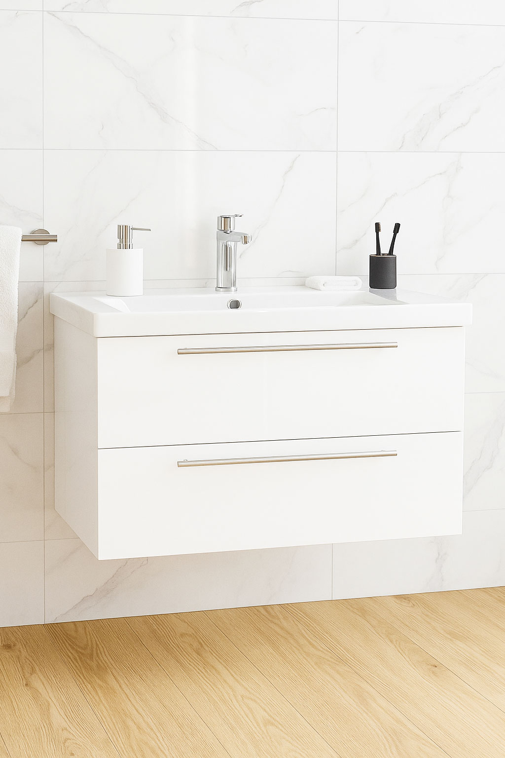 Mobilier Baie MDF Kit și lavoar, Seria 754, Suspendat, Sertare, 80cm, Alb