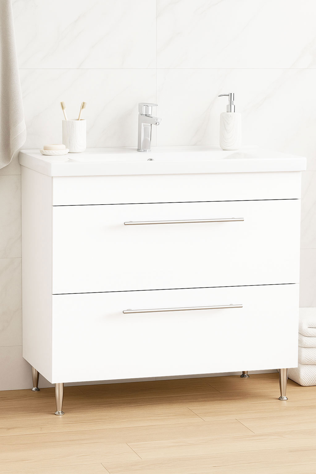 Mobilier Baie MDF Kit și lavoar, Seria 754, Sertare, 80cm, Alb