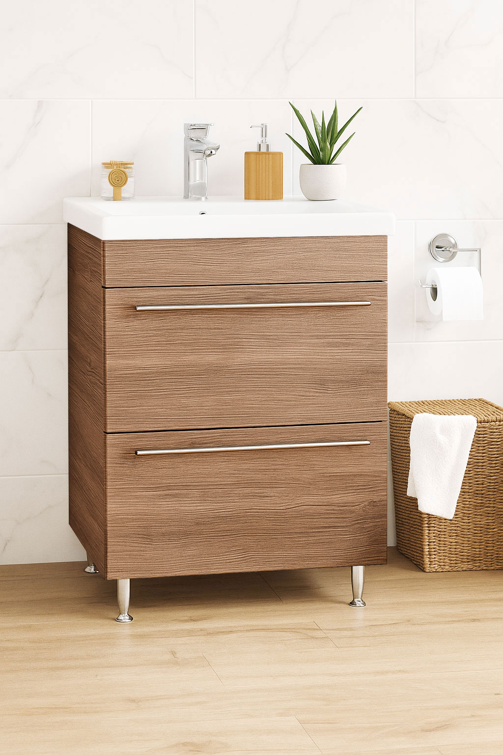 Mobilier Baie MDF și lavoar, Seria 754, Sertare, 60cm, Bambus