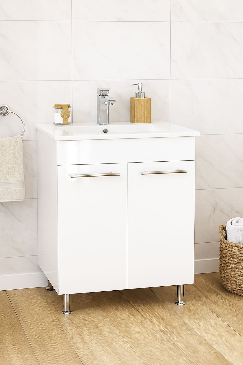 Mobilier Baie MDF și lavoar, Seria 054, Montat, 60cm, Alb