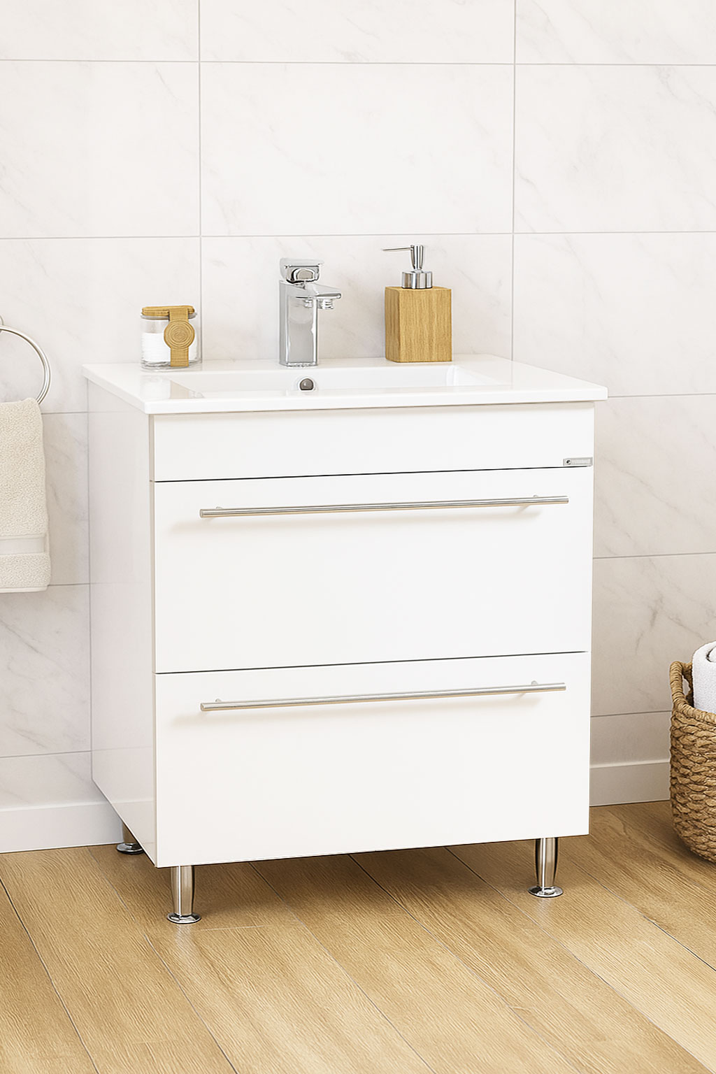 Mobilier Baie MDF și lavoar, Seria 054, Sertare, 70cm, Alb