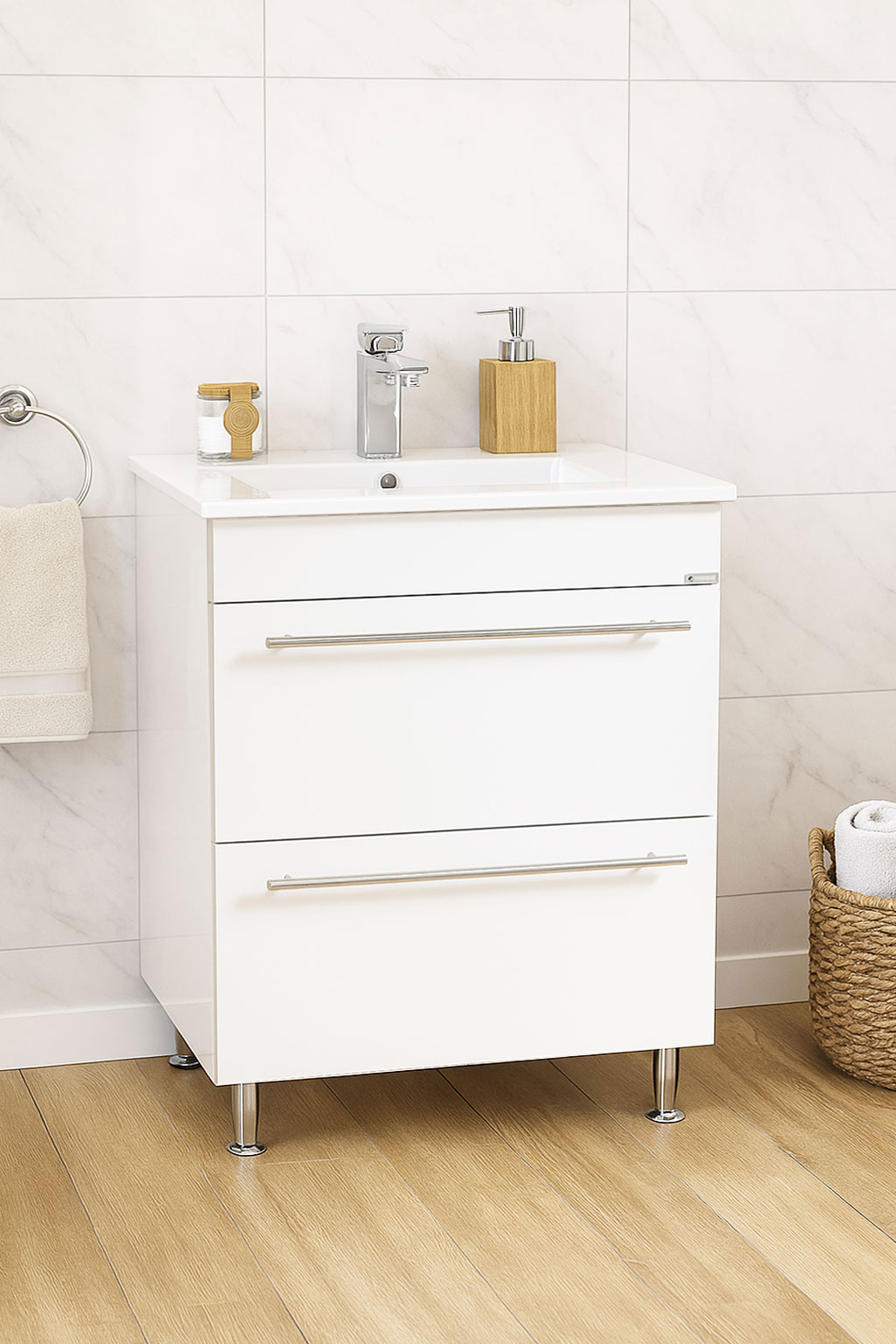 Mobilier Baie MDF și lavoar, Seria 054, Sertare, Montat, 60cm, Alb