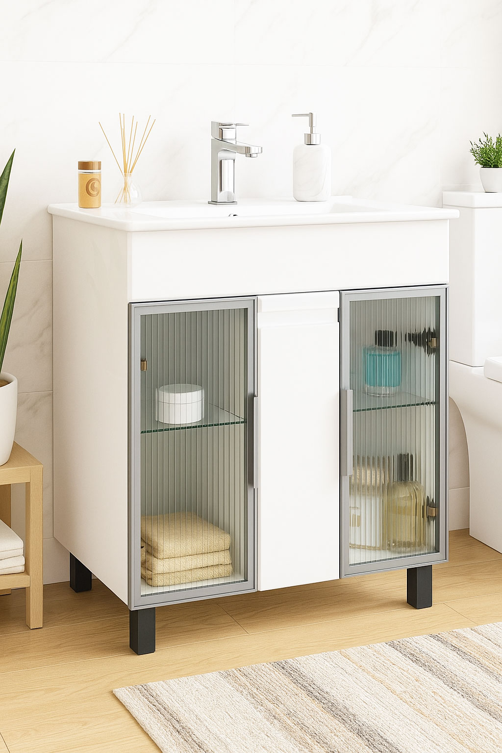 Mobilier Baie MDF și lavoar, Seria 058, 70cm, Alb