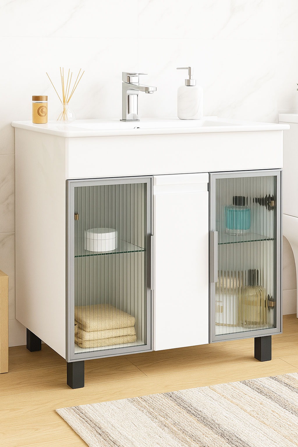 Mobilier Baie MDF și lavoar, Seria 058, 80cm, Alb