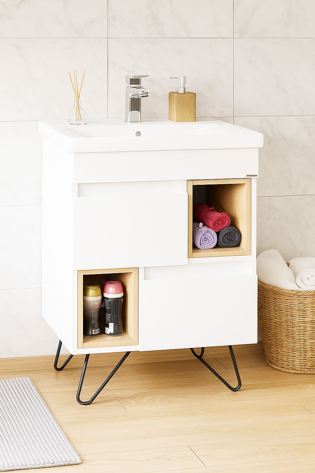 Mobilier Baie MDF și lavoar, Seria 760, Picioare metalice, 60cm, Alb/Sonoma
