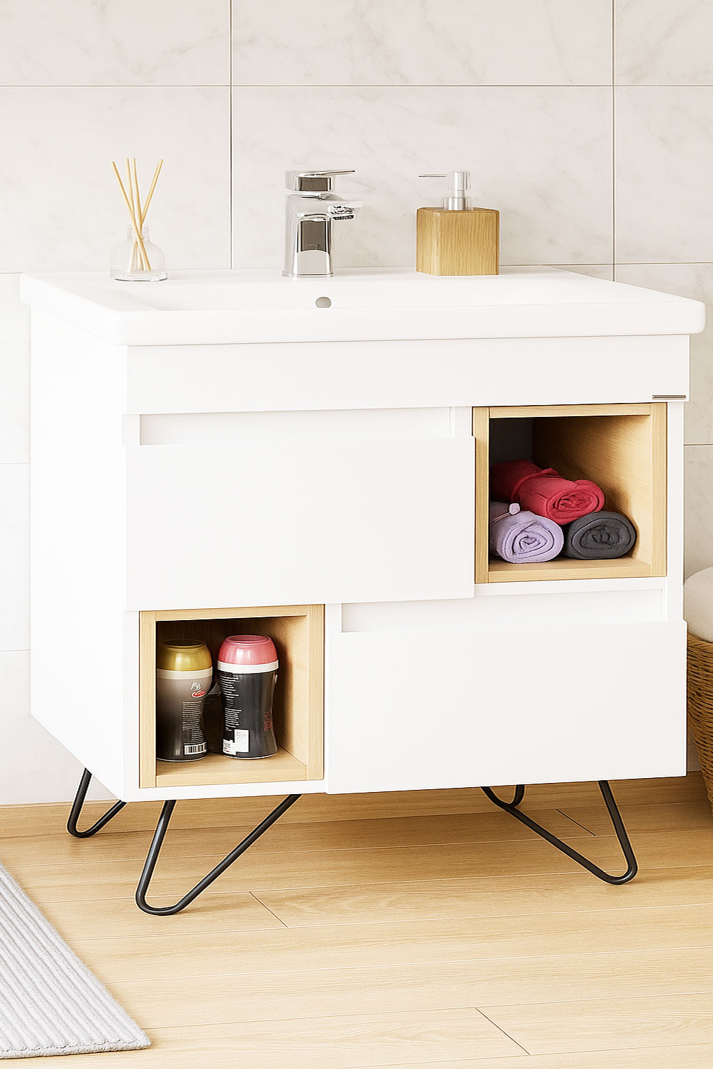 Mobilier Baie MDF și lavoar, Seria 760, Picioare metalice, 80cm, Alb/Sonoma