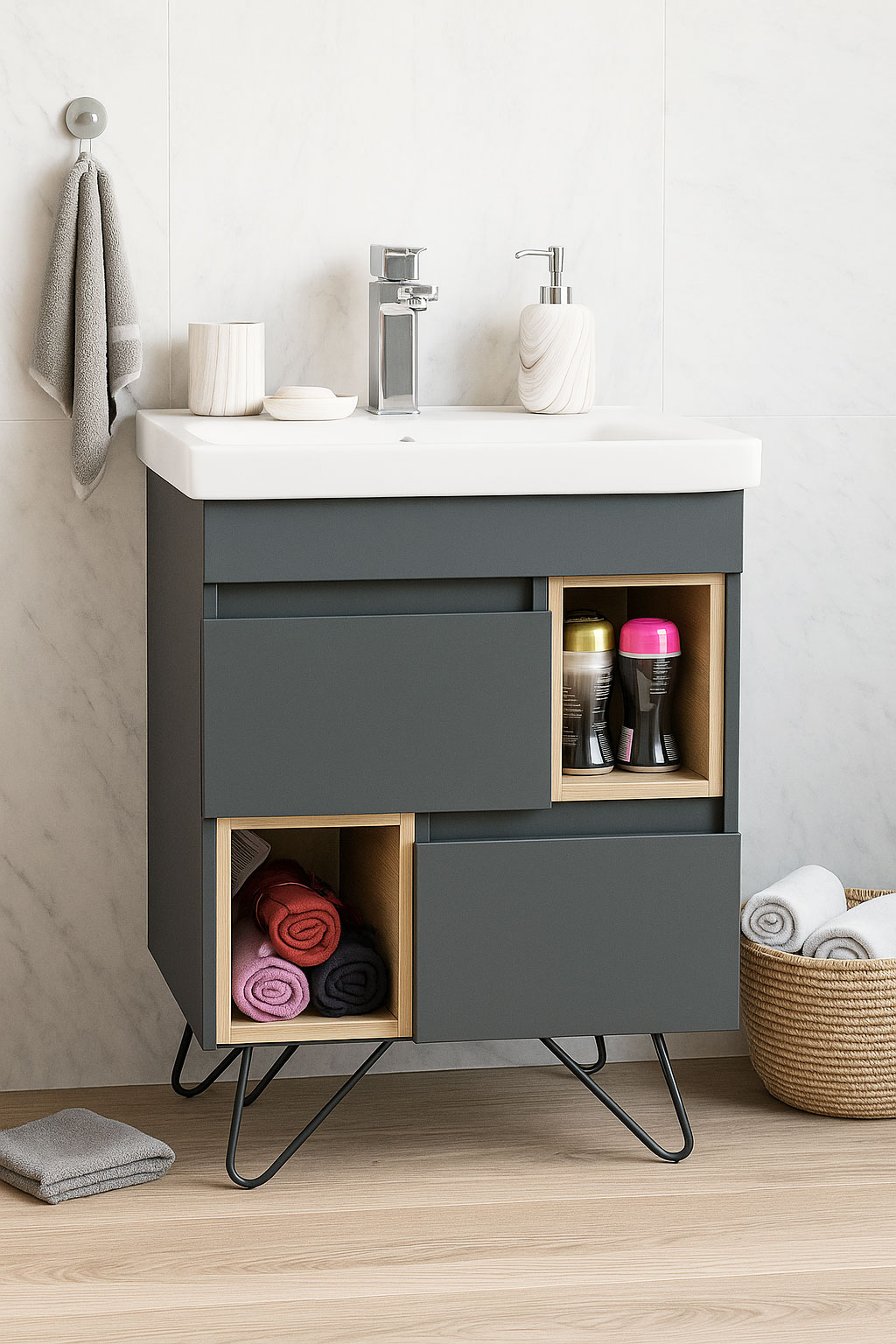 Mobilier Baie MDF și lavoar, Seria 760, Picioare metalice, 60cm, Antracit/Sonoma