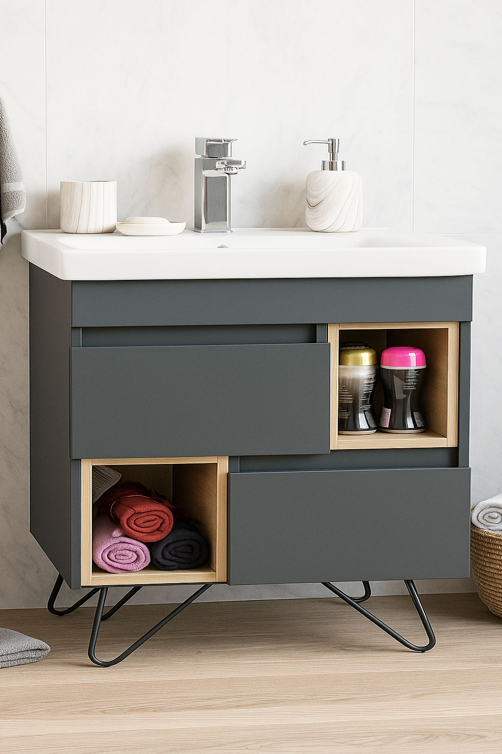 Mobilier Baie MDF și lavoar, Seria 760, Picioare metalice, 80cm, Antracit/Sonoma