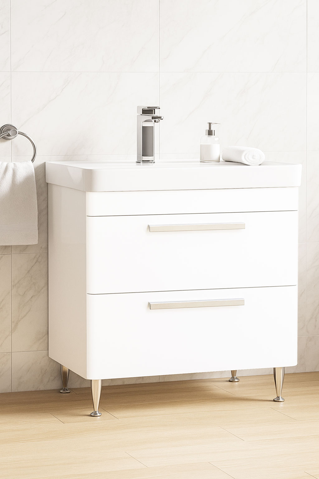 Mobilier Baie MDF și lavoar, Seria 501, Sertare, 80cm, Alb