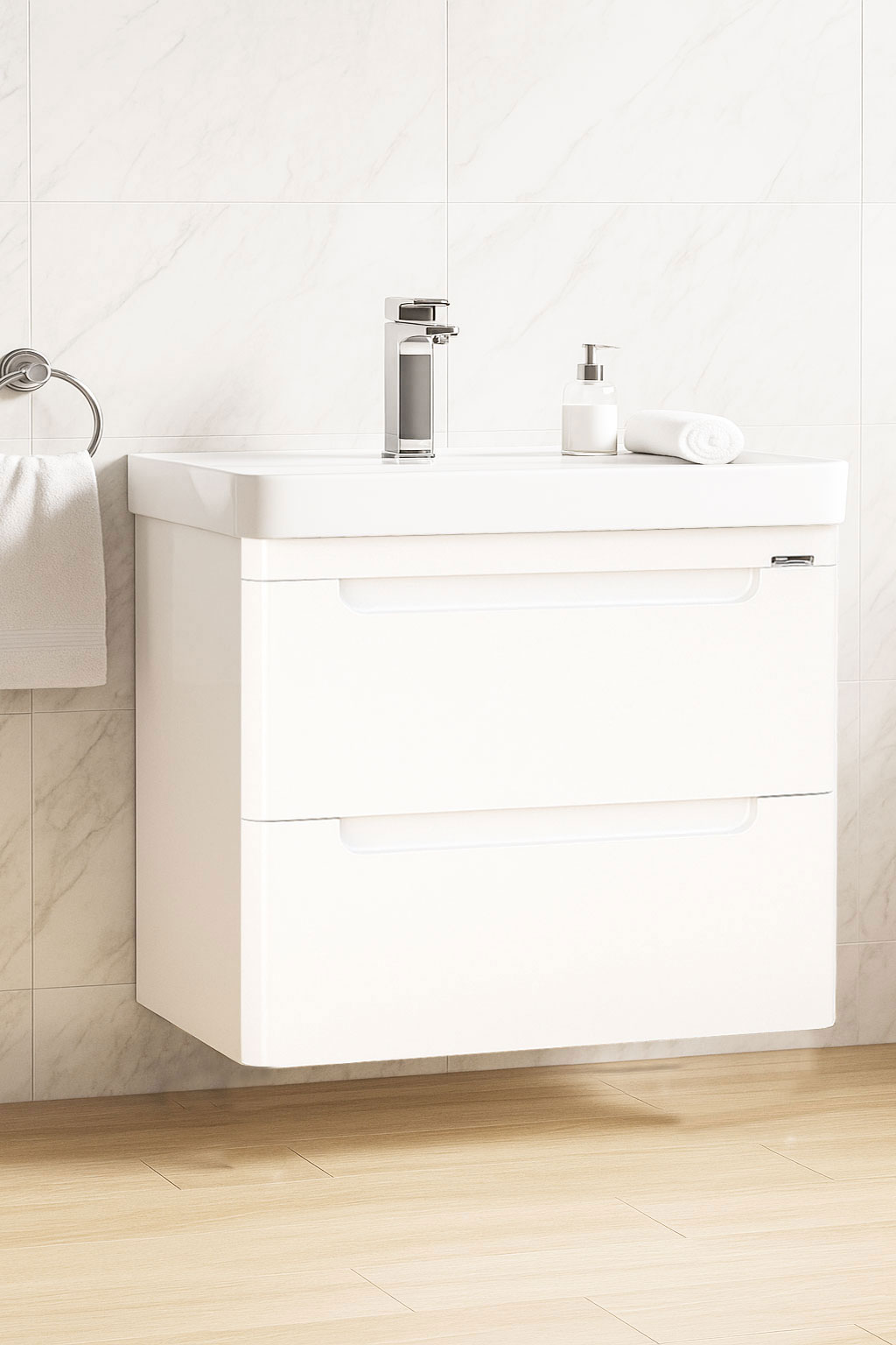 Mobilier Baie MDF și lavoar, Seria 502, Suspendat, Sertare, 80cm, Alb