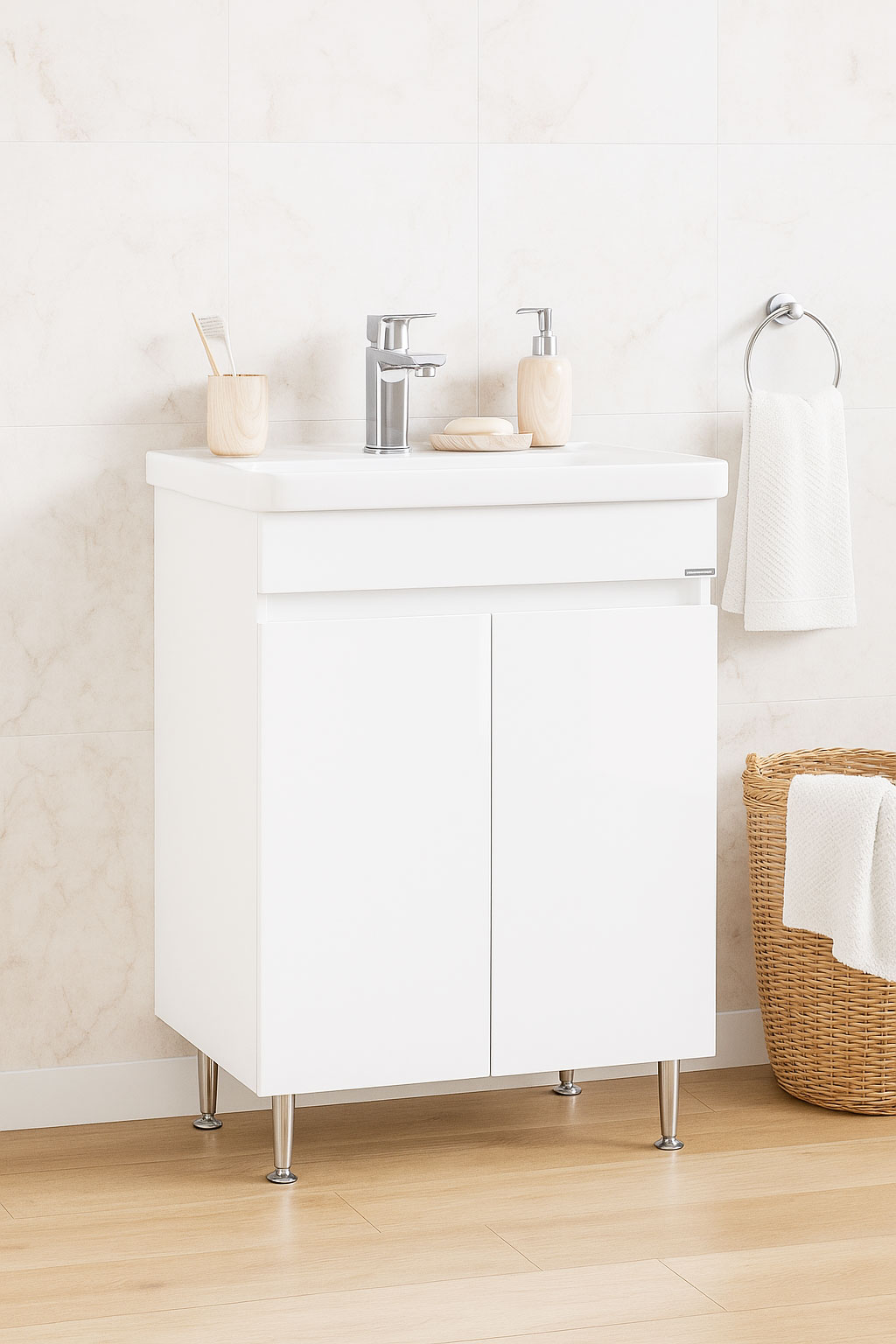 Mobilier Baie MDF și lavoar, Seria 286, 60 cm, Alb