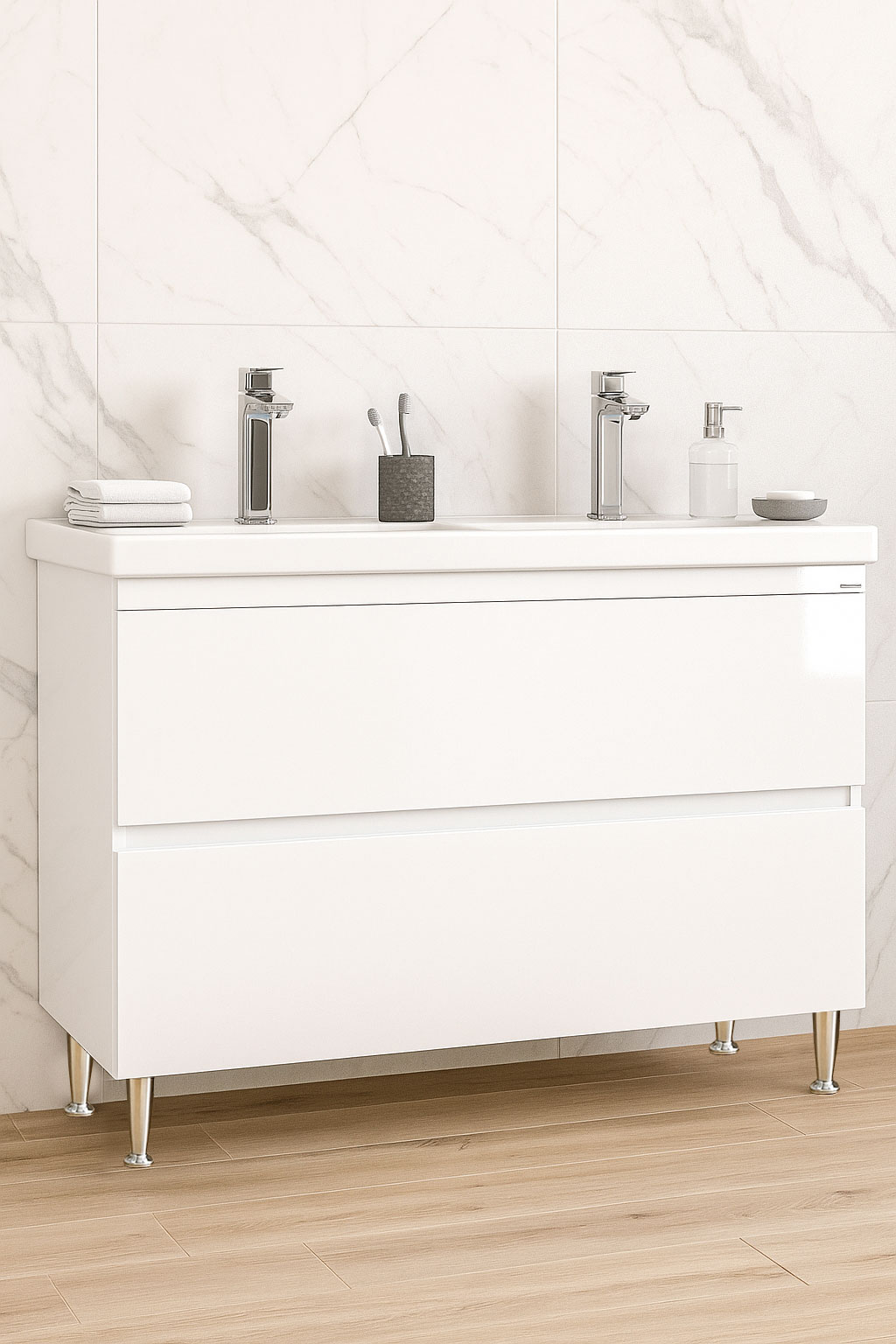 Mobilier Baie MDF și lavoar, Seria 286, Sertare, 120cm, Alb