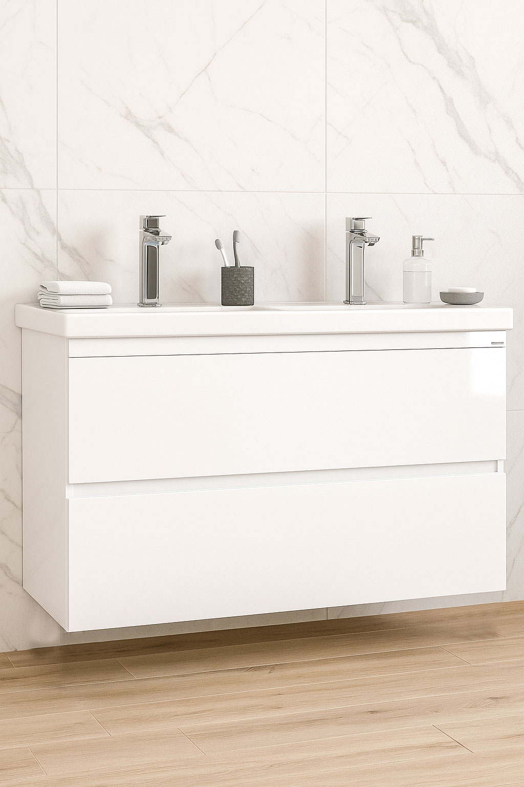 Mobilier Baie MDF și lavoar, Seria 286, Suspendat, Sertare, 120cm, Alb