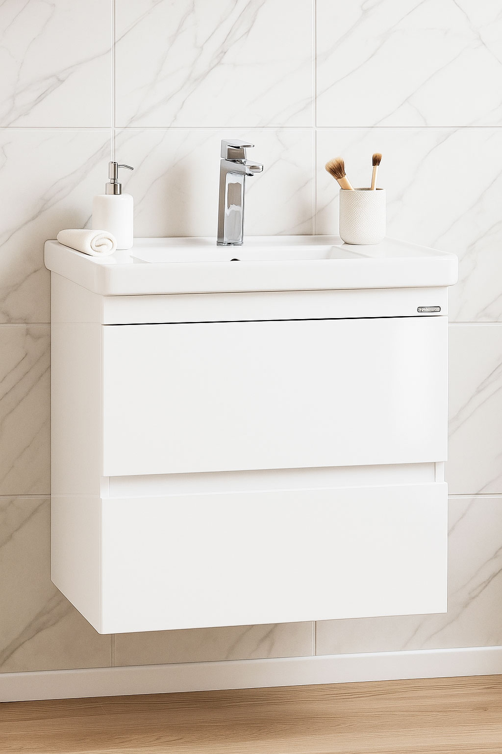 Mobilier Baie MDF și lavoar, Seria 286, Suspendat, Sertare, 60cm, Alb