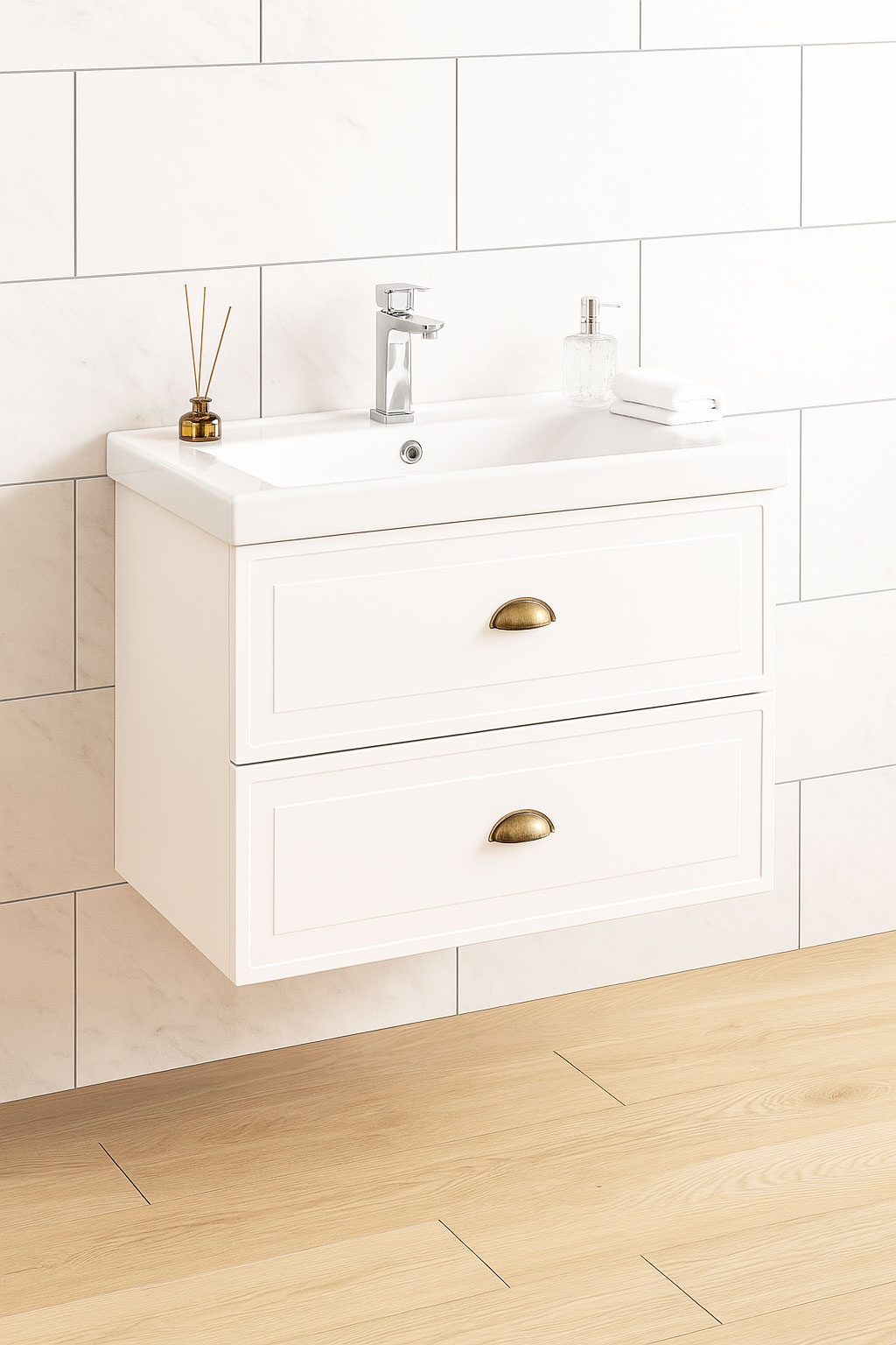 Mobilier Baie MDF și lavoar, Seria 796, Suspendat, Sertare, 60cm, Alb rustic