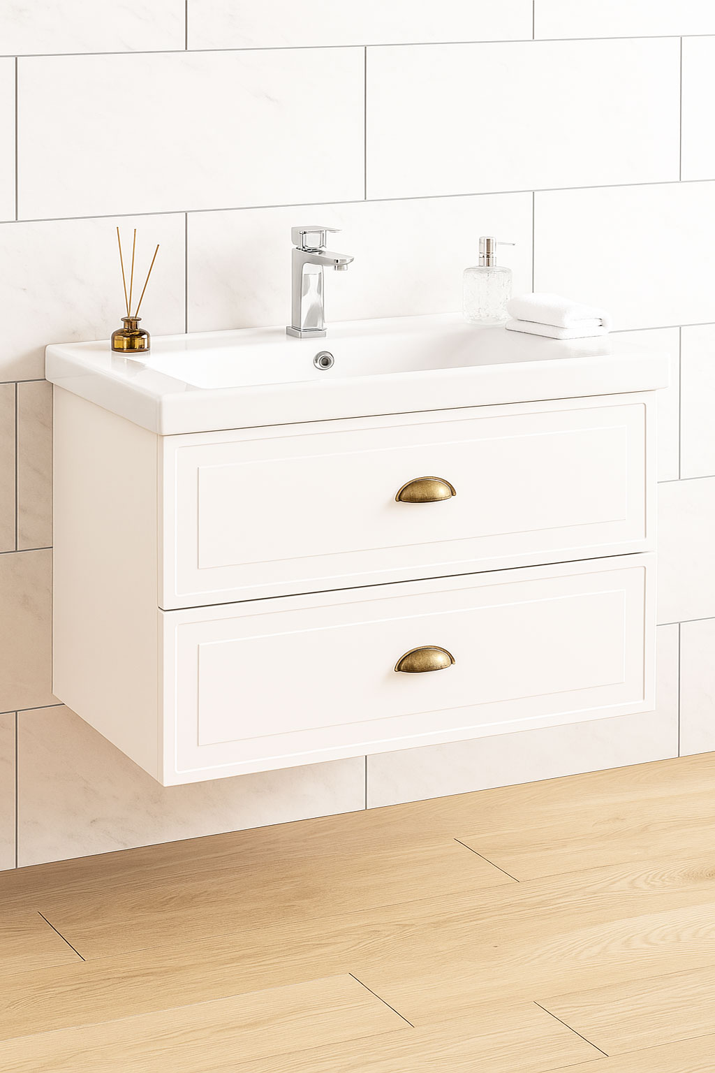 Mobilier Baie MDF și lavoar, Seria 796, 80cm, Alb rustic