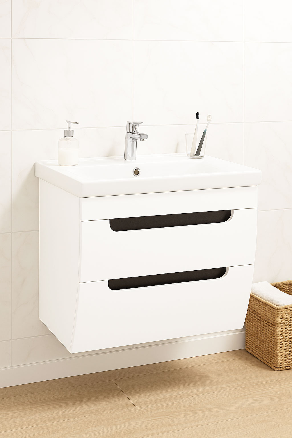 Mobilier Baie MDF și lavoar, Seria 730, Suspendat, Sertare, 60cm, Alb rustic