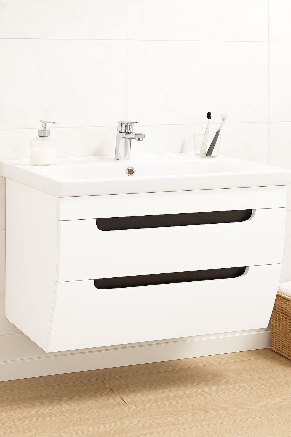 Mobilier Baie MDF și lavoar, Seria 730, Suspendat, Sertare, 100cm, Alb rustic