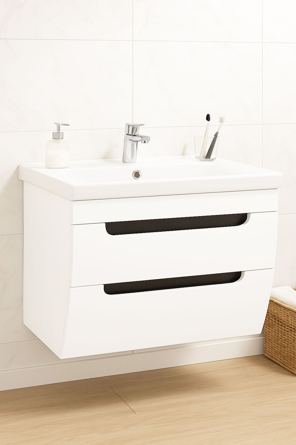Mobilier Baie MDF și lavoar, Seria 730, Suspendat, Sertare, 80cm, Alb rustic