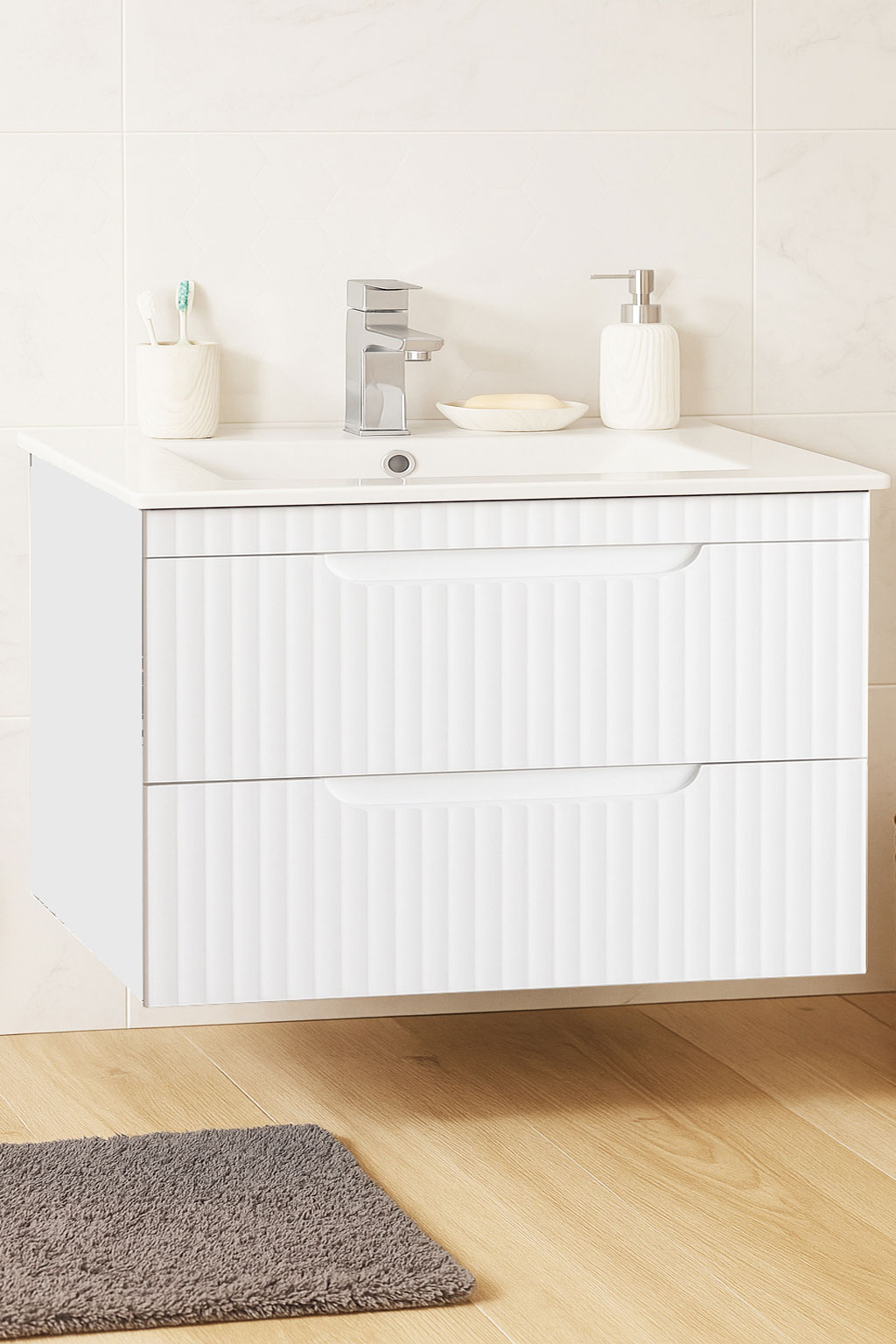 Mobilier Baie MDF și lavoar, Seria 033, Suspendat, Sertare, 80cm, Alb rustic