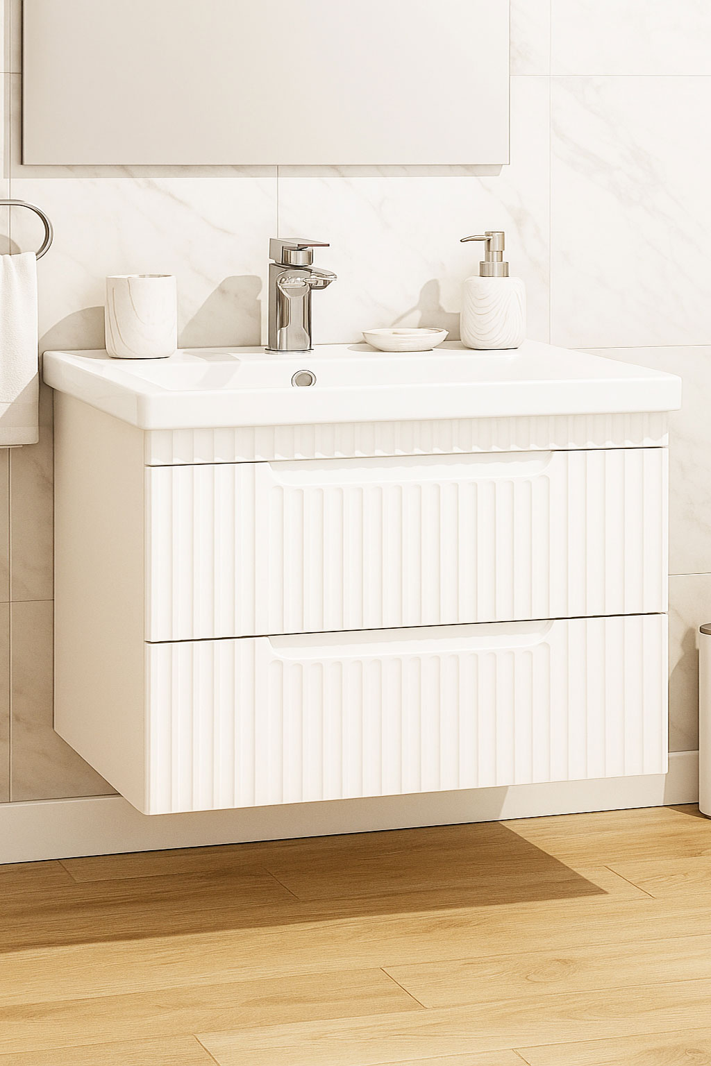 Mobilier Baie și lavoar, Seria 733, Suspendat, Sertare, 80cm, Alb rustic