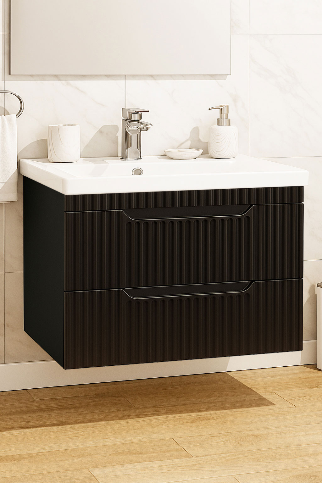 Mobilier baie MDF și lavoar, Seria 733, Suspendat, Sertare, 80cm, Negru
