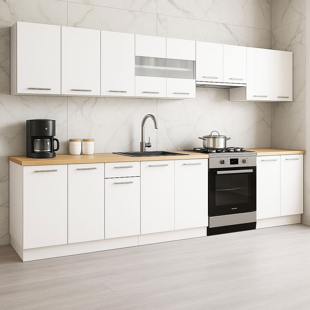 Mobilier de Bucătărie Set, Germania, PAL, blat gros, amortizare, 320cm, Alb
