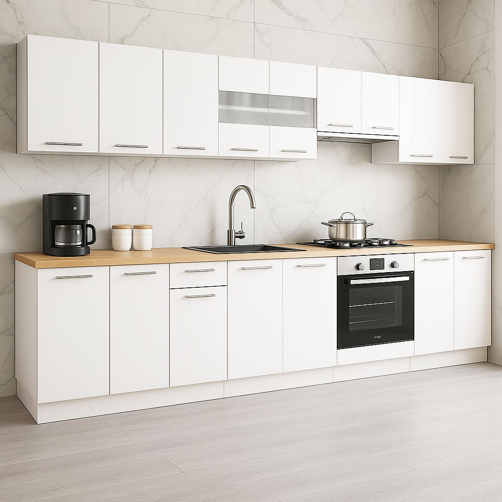 Mobilier de Bucătărie Set, Germania, PAL, blat gros, corp cuptor, amortizare, 320cm, Alb