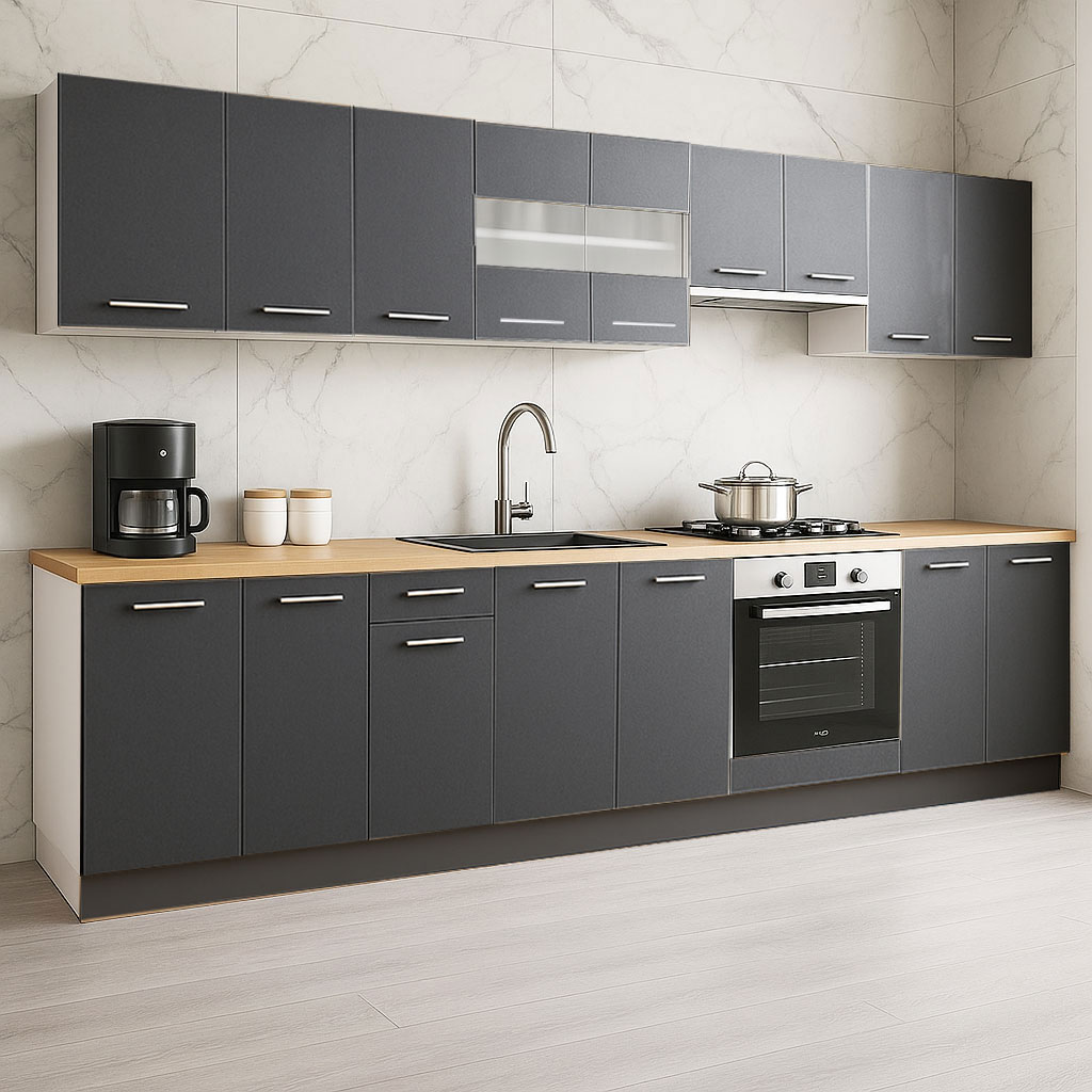 Mobilier de Bucătărie Set, Germania, PAL, blat gros, corp cuptor, amortizare, 320cm, Antracit