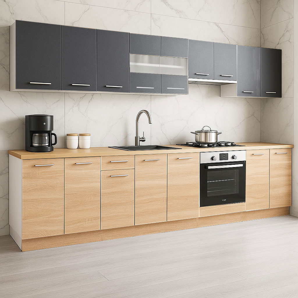 Mobilier de Bucătărie Set, Germania, PAL, blat gros, corp cuptor, amortizare, 320cm, Sonoma/Antracit