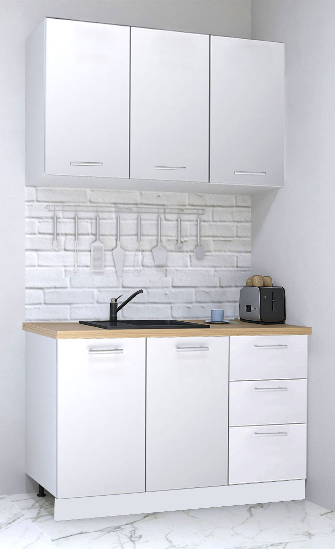 Mobilier de Bucătărie Set, Germania, PAL, blat gros, amortizare, 3 sertare, 120cm, Alb